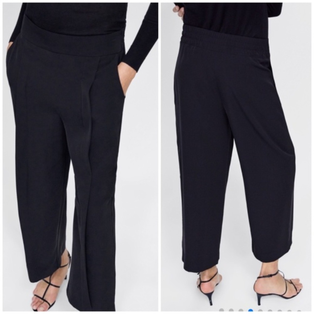 Zara Basic pleated black culotte dress pants sz L